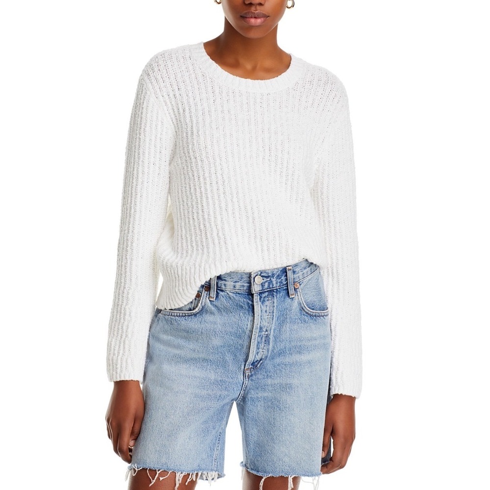 Paige Ambrosia‎ Crewneck Sweater White Ribbed Cotton Knit 8888G23-1165 SMALL
